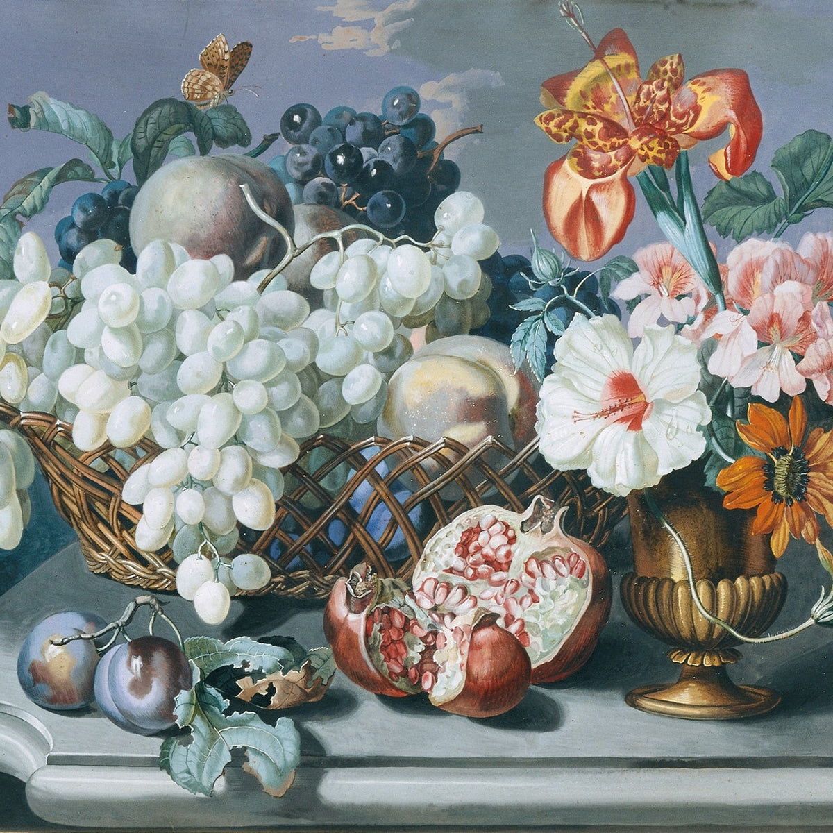Still Life Oil Painting - Grapes, Pomegranate and Flowers