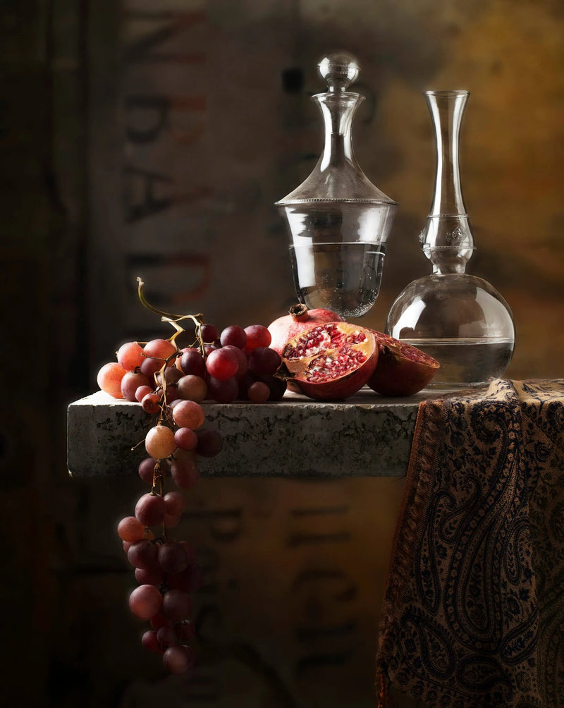 Still Life Oil Painting - Grapes, Pomegranate and Glassware - Oil Painting Haven
