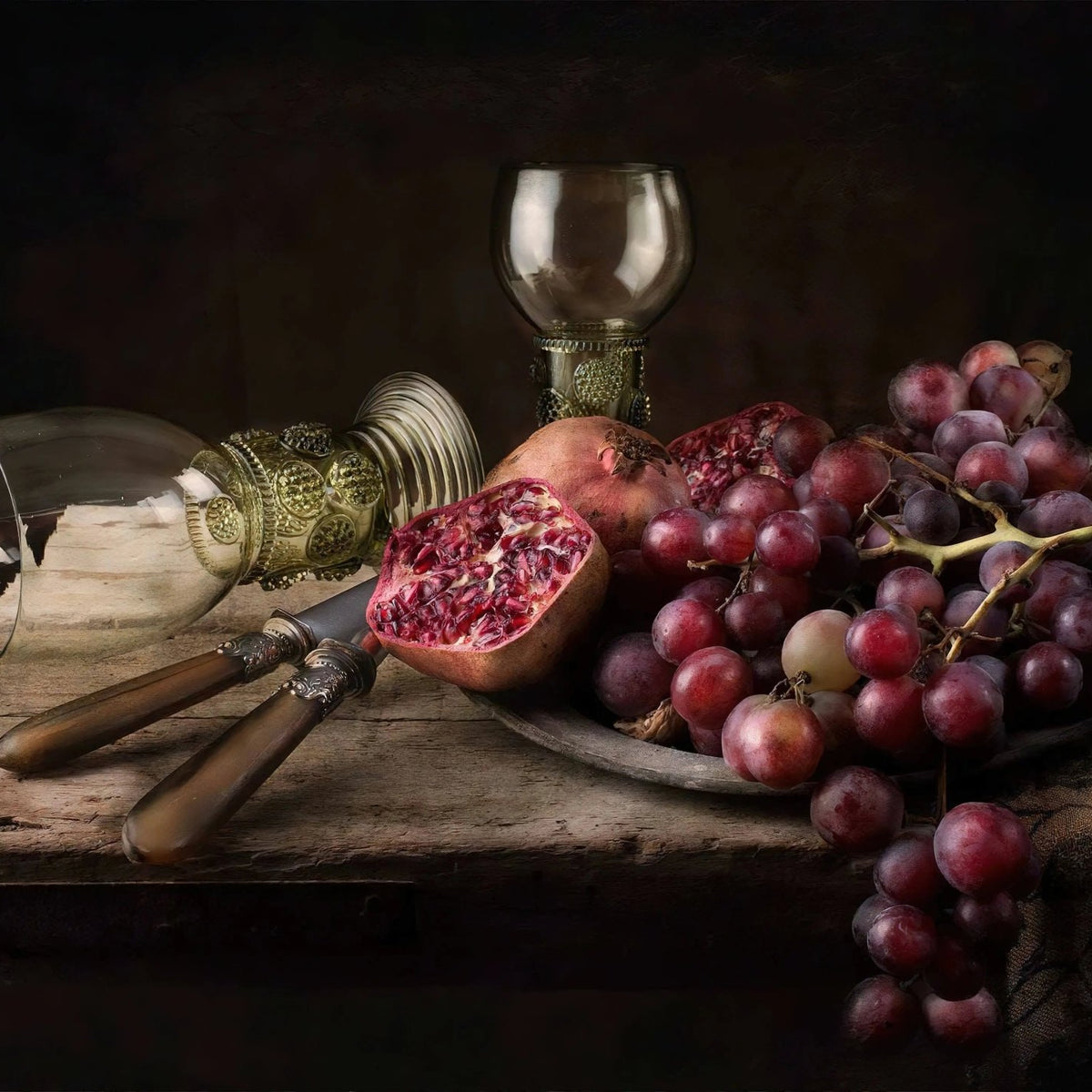 Still Life Oil Painting - Grapes, Pomegranate and Glassware Wall Art - Oil Painting Haven