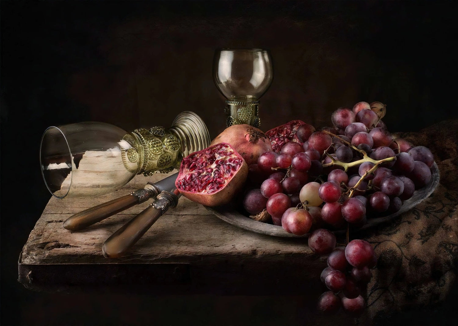 Still Life Oil Painting - Grapes, Pomegranate and Glassware Wall Art - Oil Painting Haven
