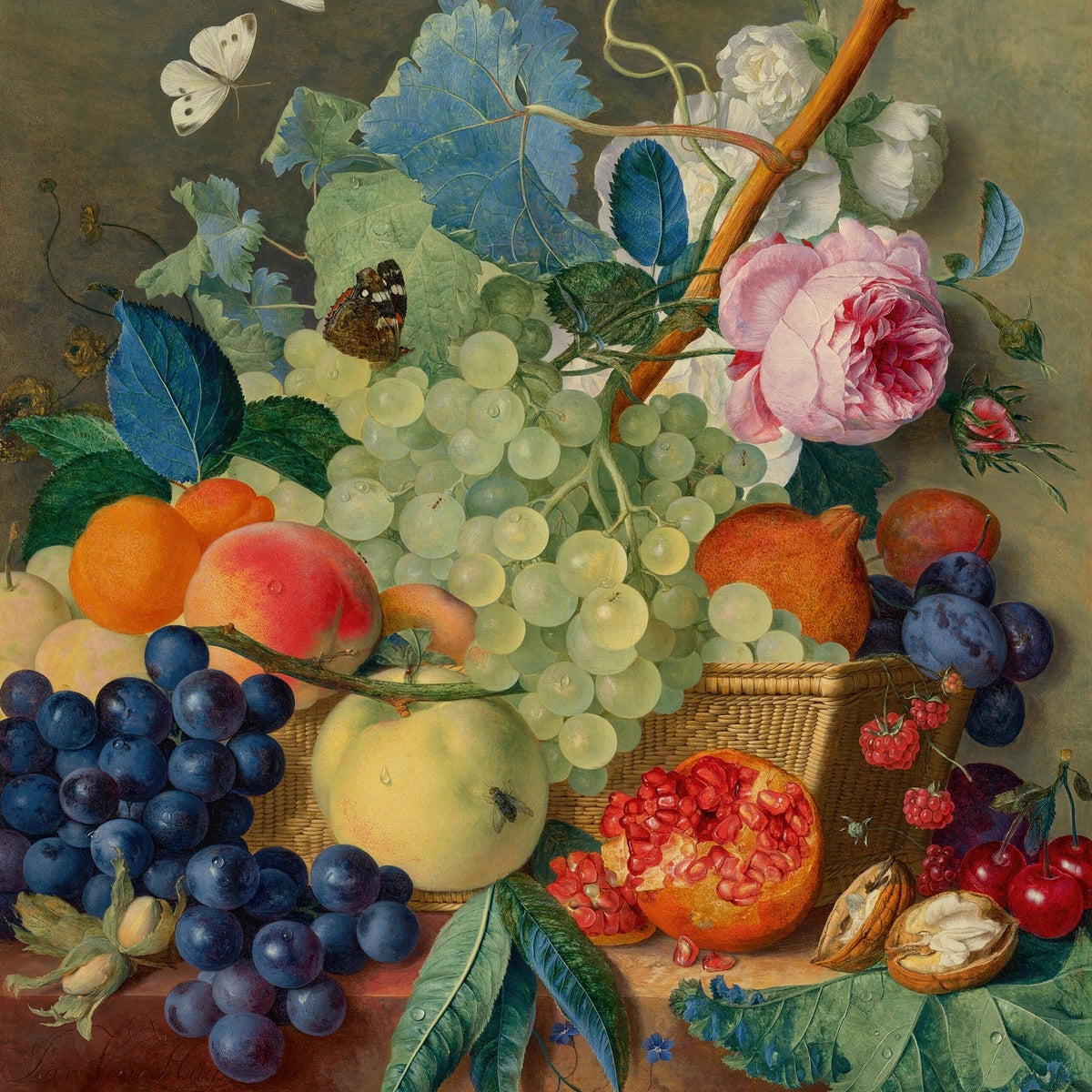 Still Life Oil Painting - Grapes, Pomegranate and Roses - Oil Painting Haven