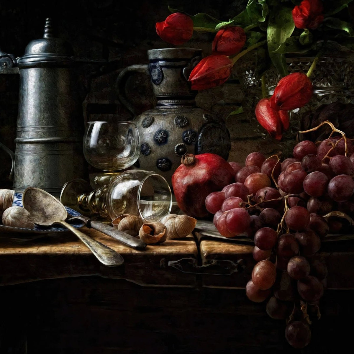 Still Life Oil Painting - Grapes, Pomegranate and Tulips - Oil Painting Haven