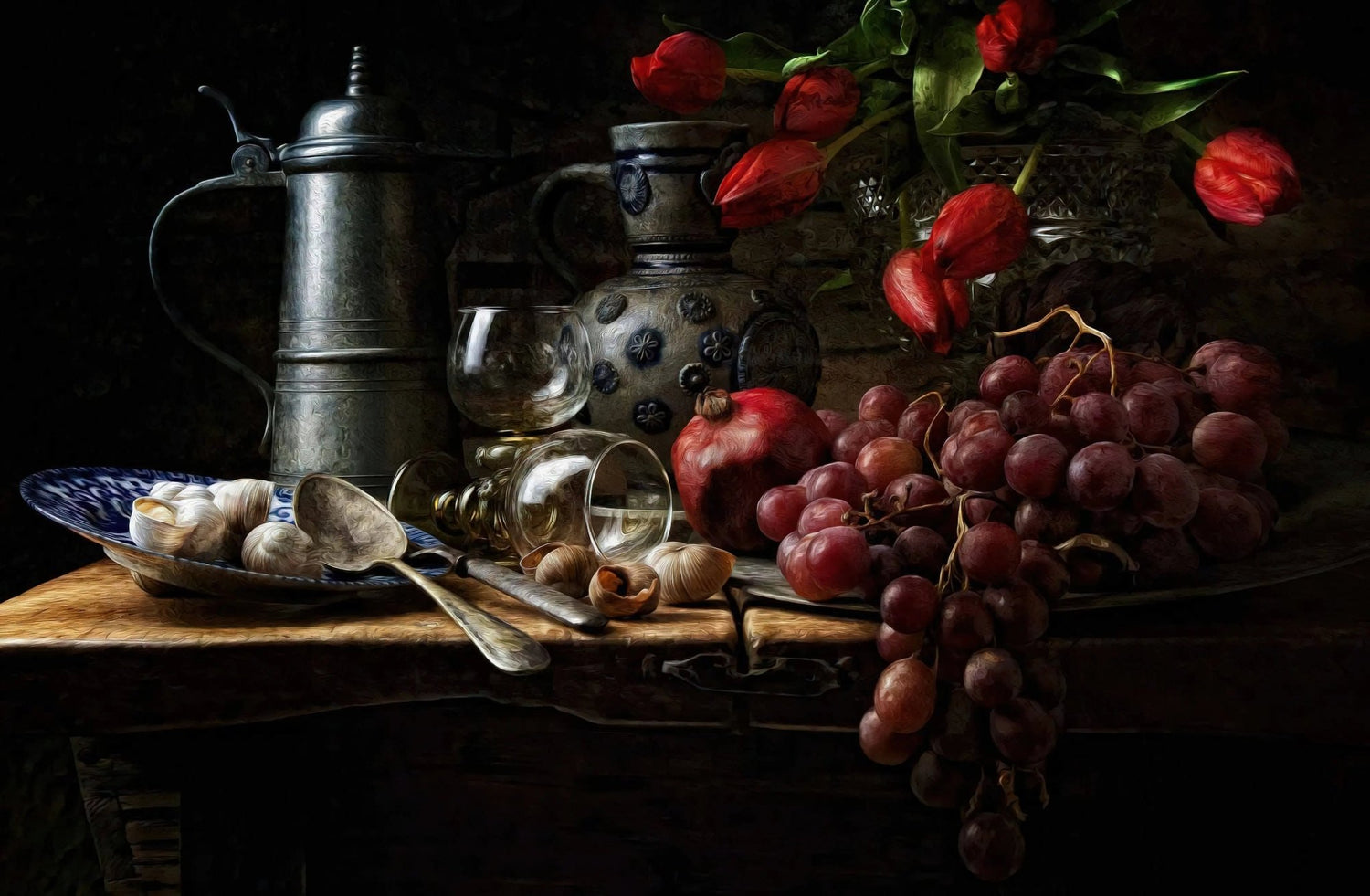 Still Life Oil Painting - Grapes, Pomegranate and Tulips - Oil Painting Haven