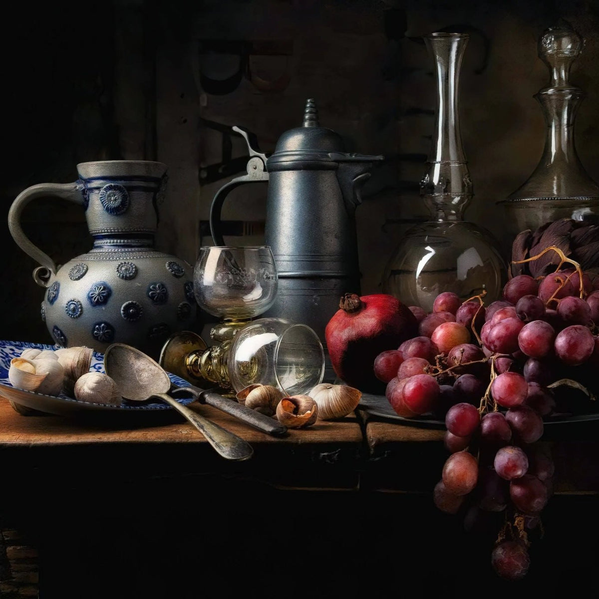 Still Life Oil Painting - Grapes, Pomegranate and Vintage Tableware - Oil Painting Haven