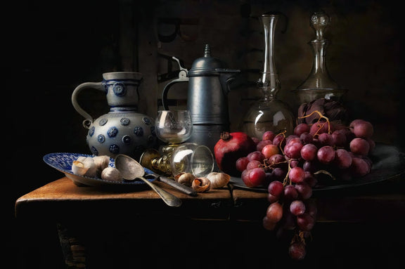 Still Life Oil Painting - Grapes, Pomegranate and Vintage Tableware - Oil Painting Haven