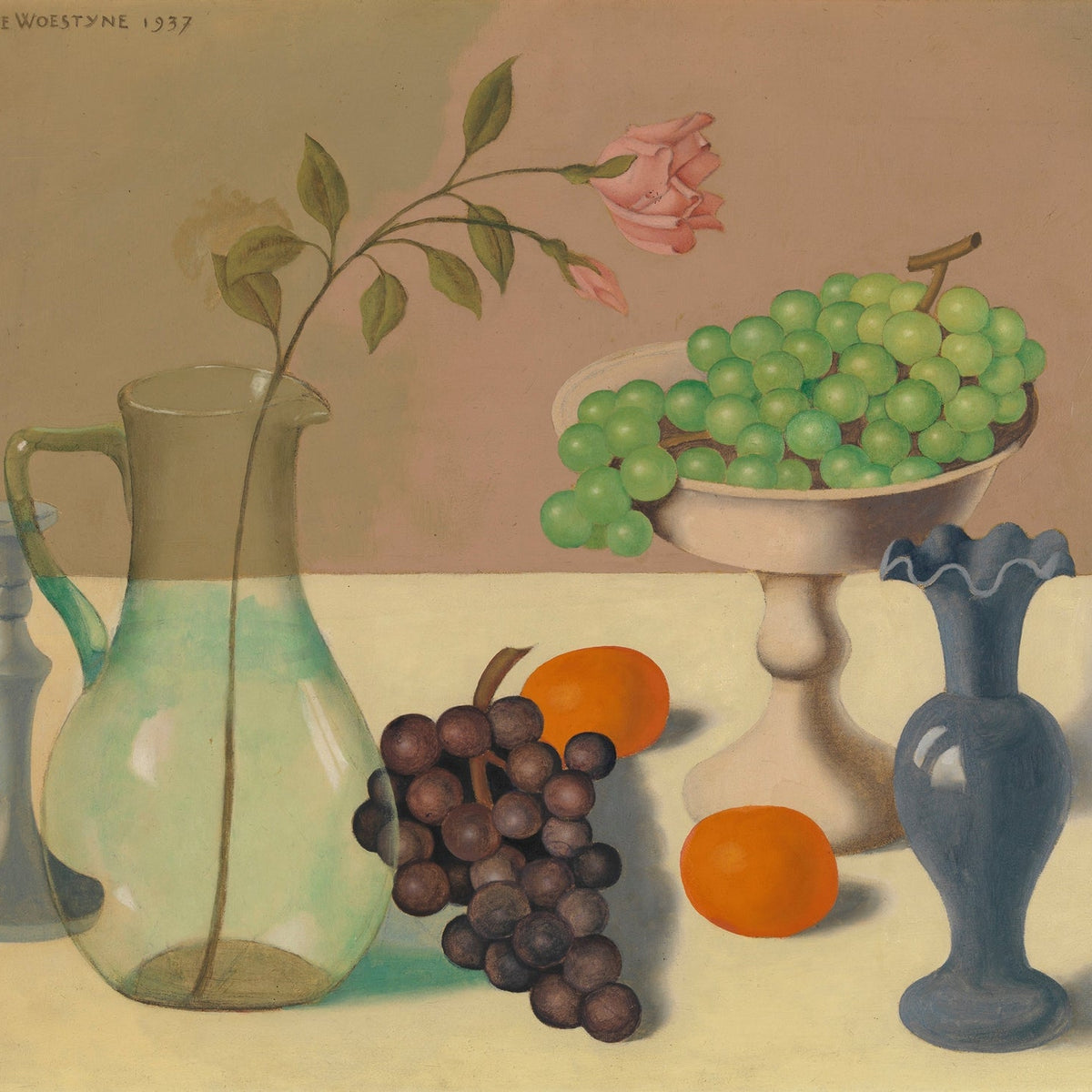Still Life Oil Painting - Grapes, Rose and Glass Pitcher - Oil Painting Haven