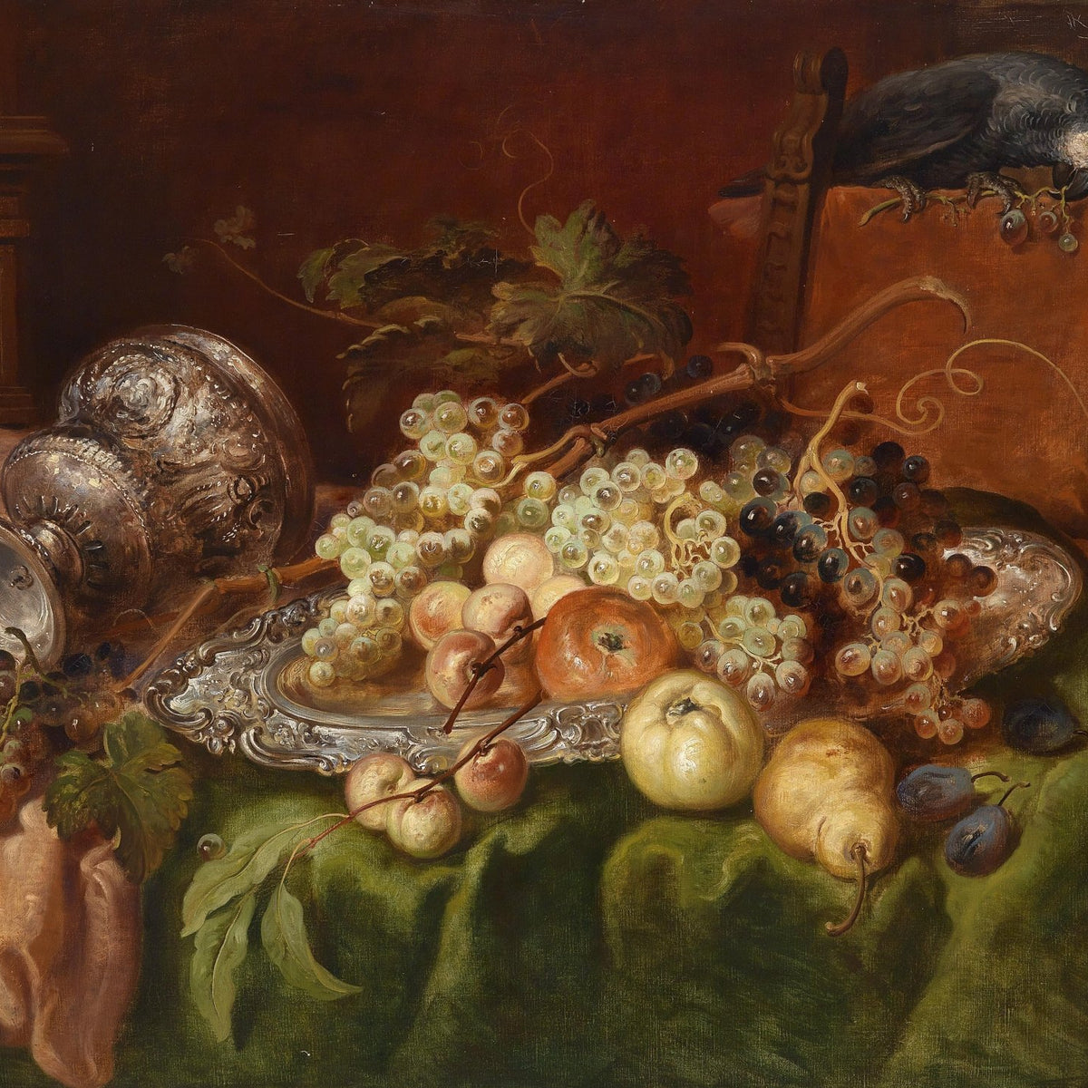 Still Life Oil Painting - Grapes, Silver and Parrot - Oil Painting Haven