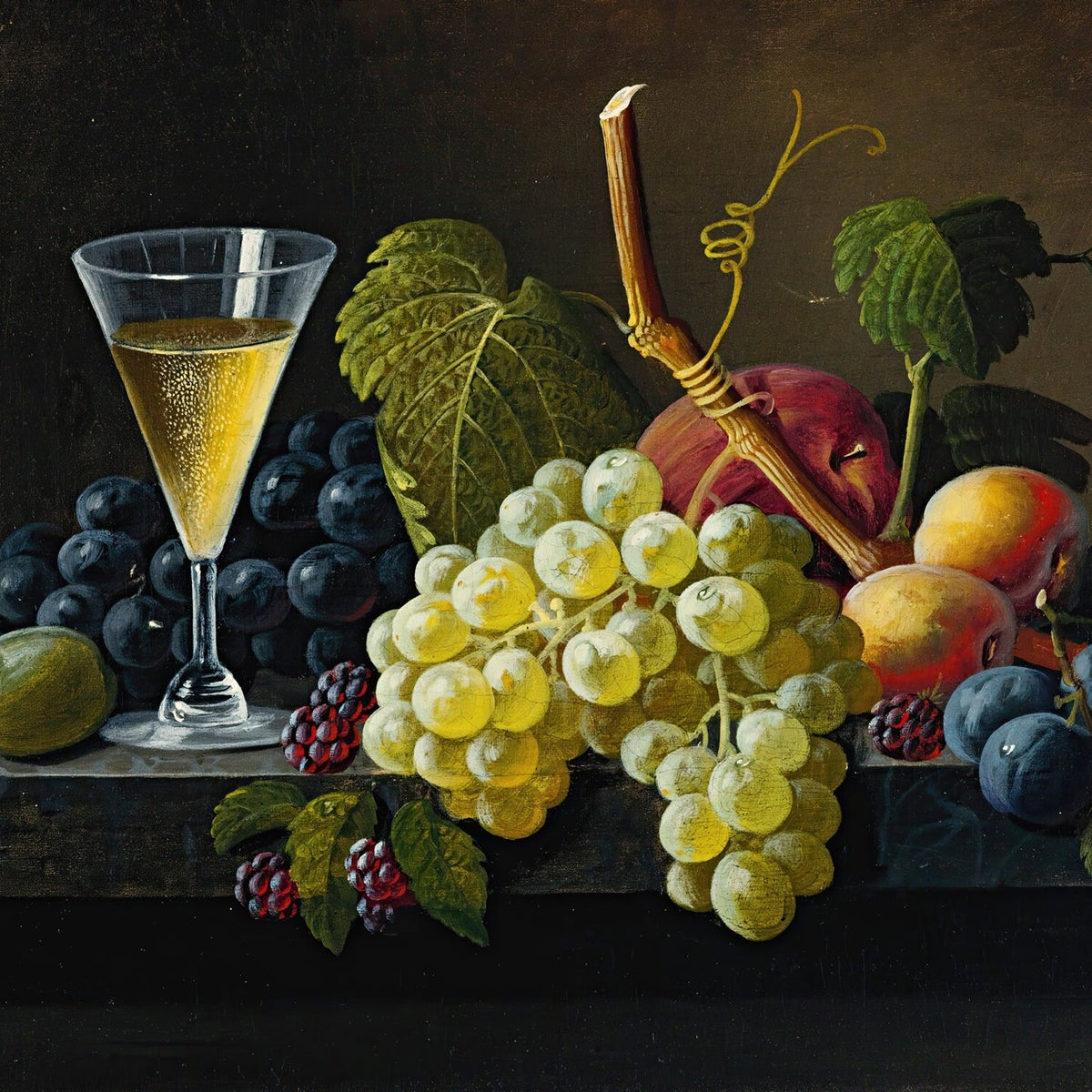Still Life Oil Painting - Grapes, Wine Glass and Summer Fruit