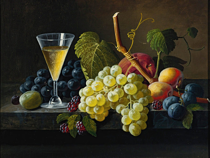 Still Life Oil Painting - Grapes, Wine Glass and Summer Fruit