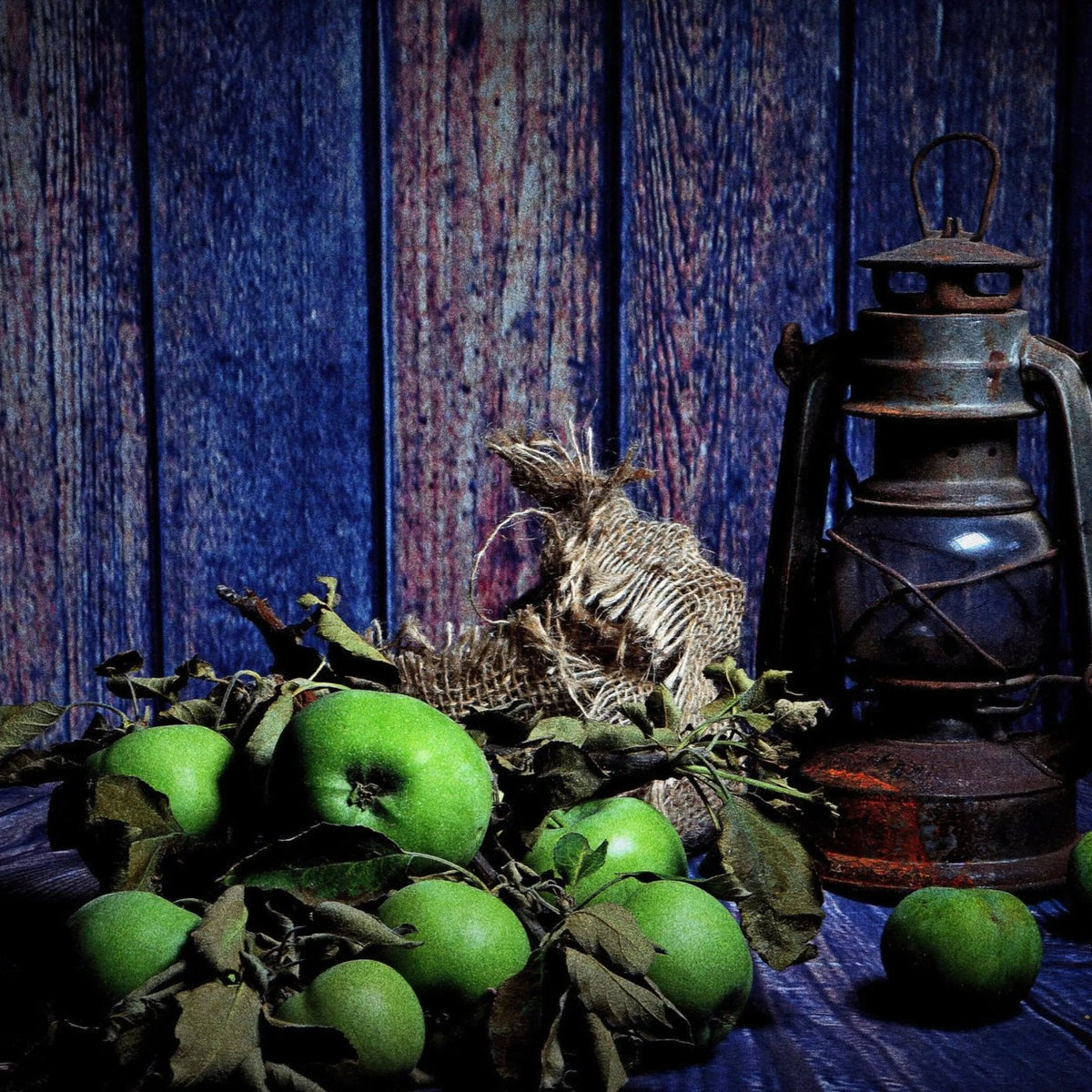 Still Life Oil Painting - Green Apples and Vintage Lantern - Oil Painting Haven