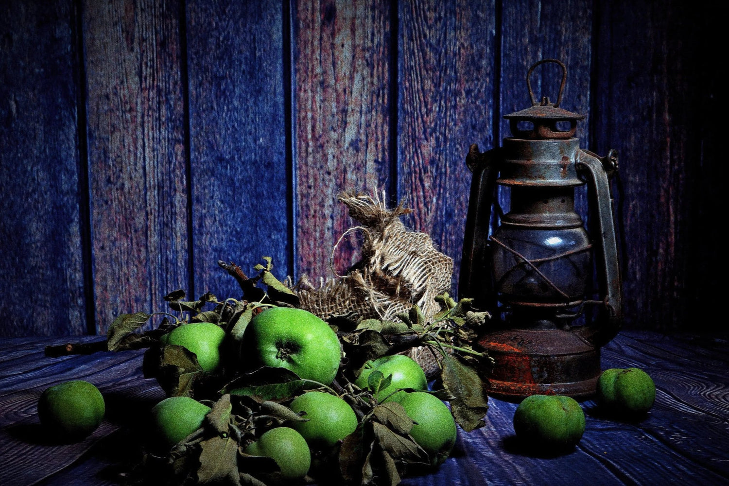 Still Life Oil Painting - Green Apples and Vintage Lantern - Oil Painting Haven