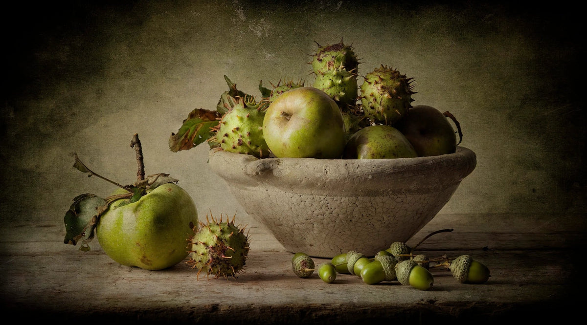 Still Life Oil Painting - Green Fruits and Textured Bowl - Oil Painting Haven