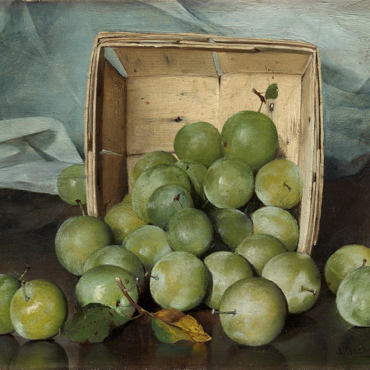 Still Life Oil Painting - Green Plums in Wooden Box - Oil Painting Haven