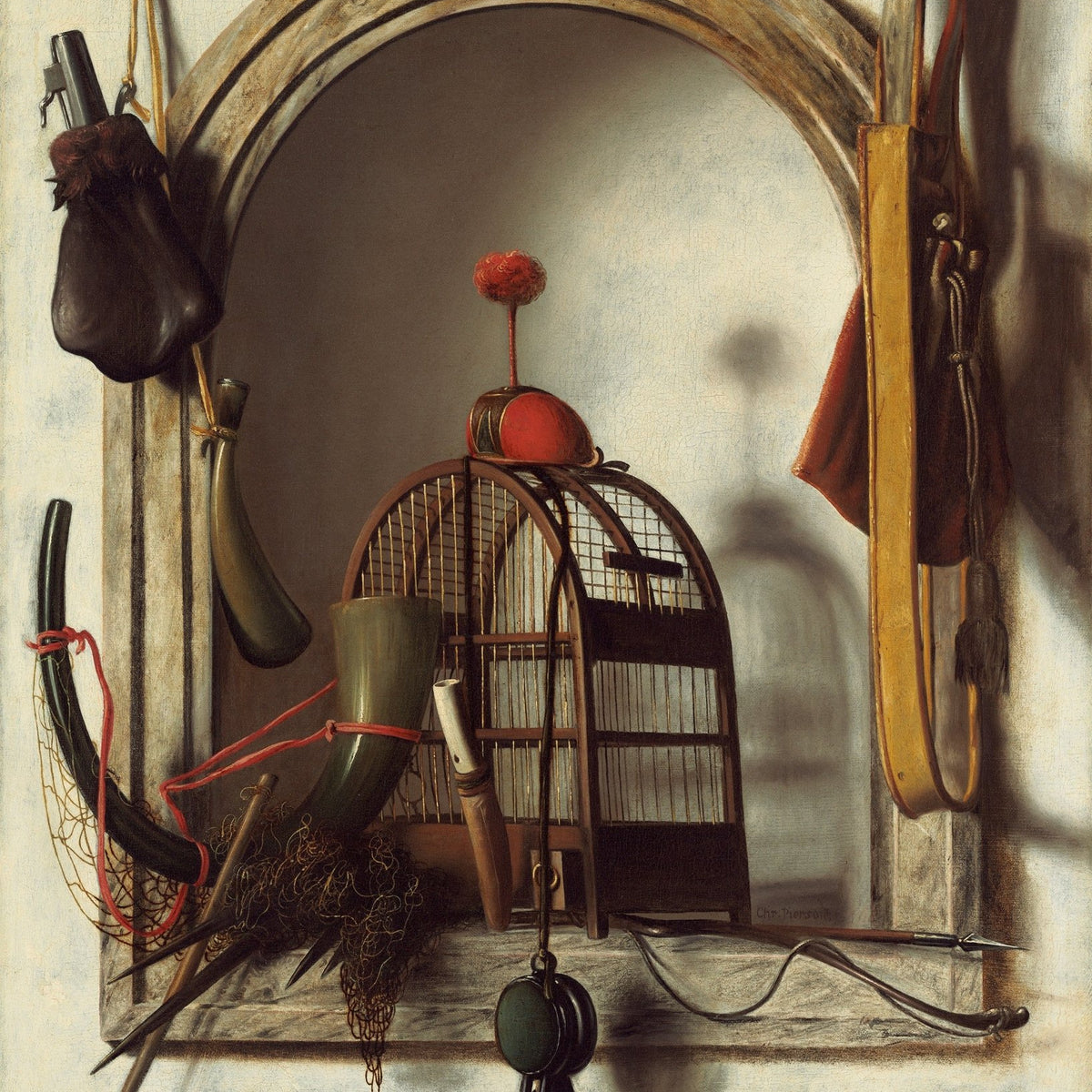 Still Life Oil Painting - Hunting Gear and Birdcage - Oil Painting Haven