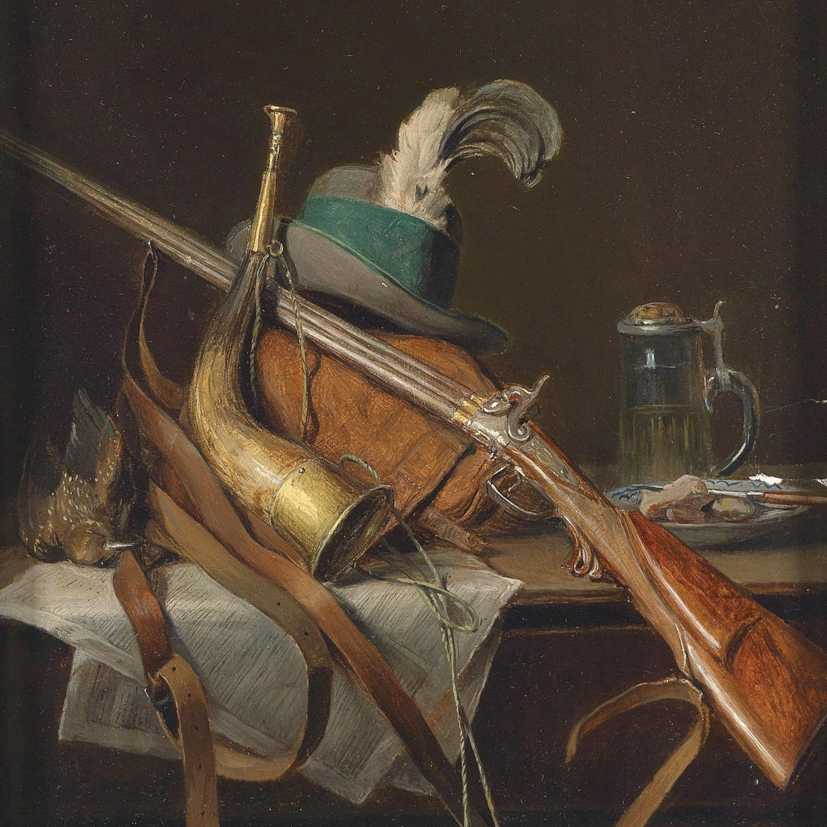 Still Life Oil Painting - Hunting Rifle and Horn - Oil Painting Haven