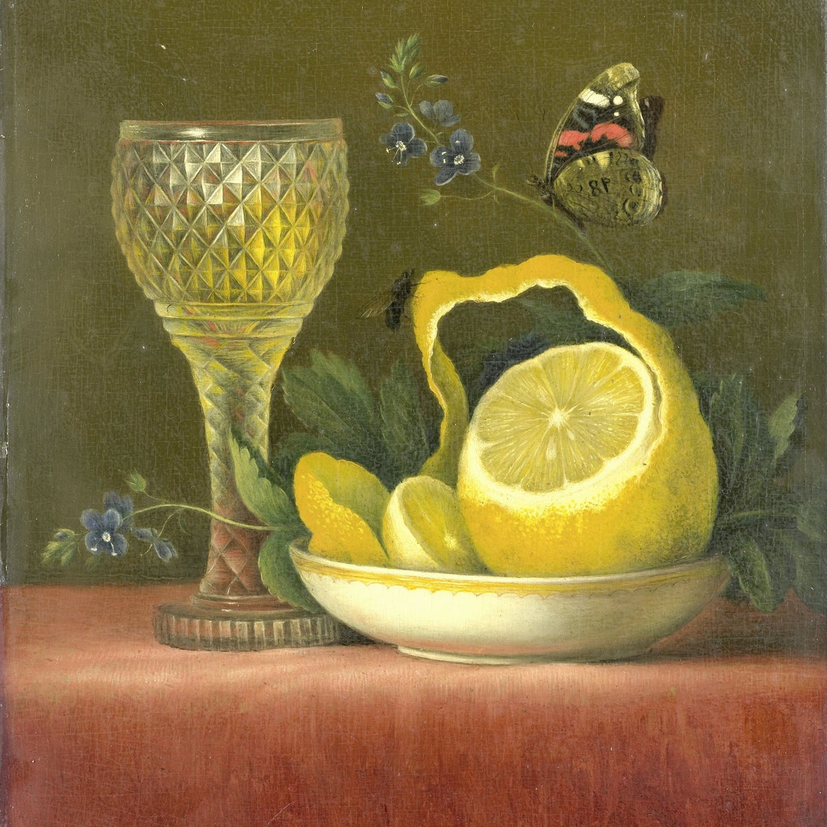 Still Life Oil Painting - Lemon, Glass and Butterfly - Oil Painting Haven