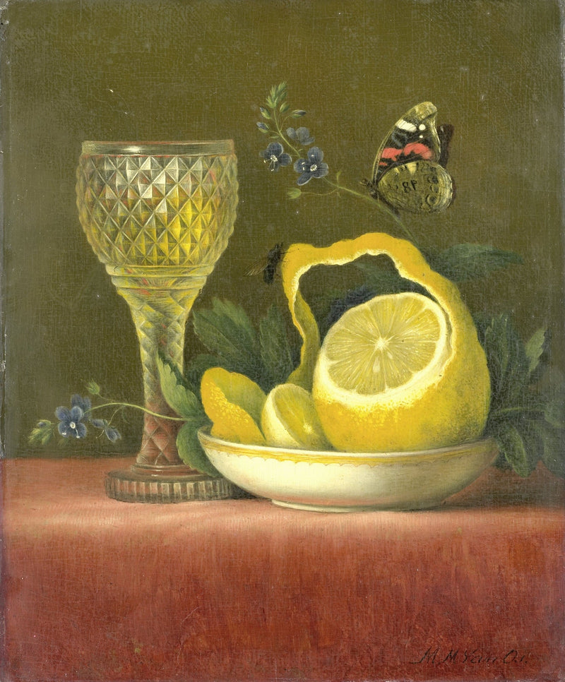 Still Life Oil Painting - Lemon, Glass and Butterfly - Oil Painting Haven