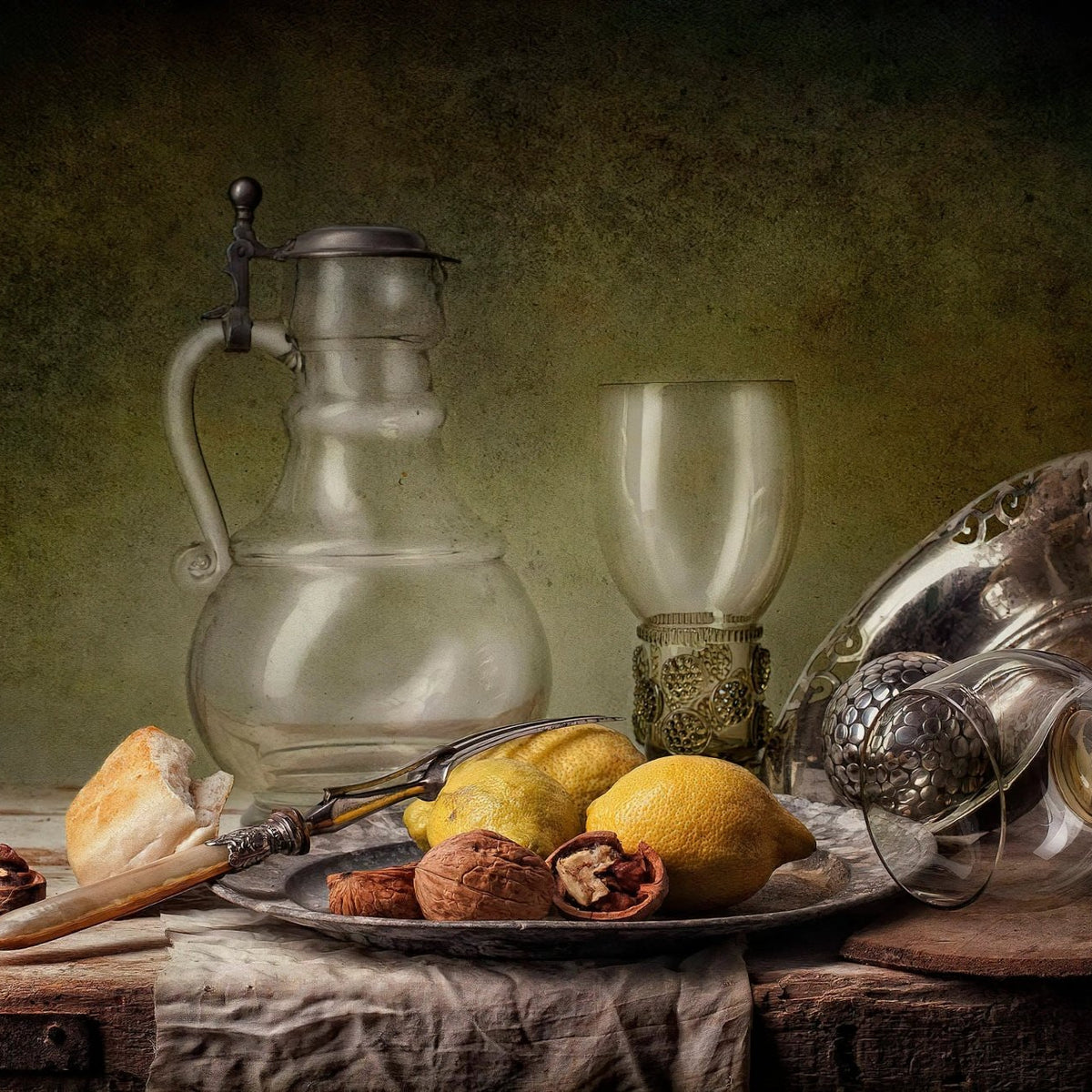 Still Life Oil Painting - Lemons, Glassware and Vintage Utensils - Oil Painting Haven