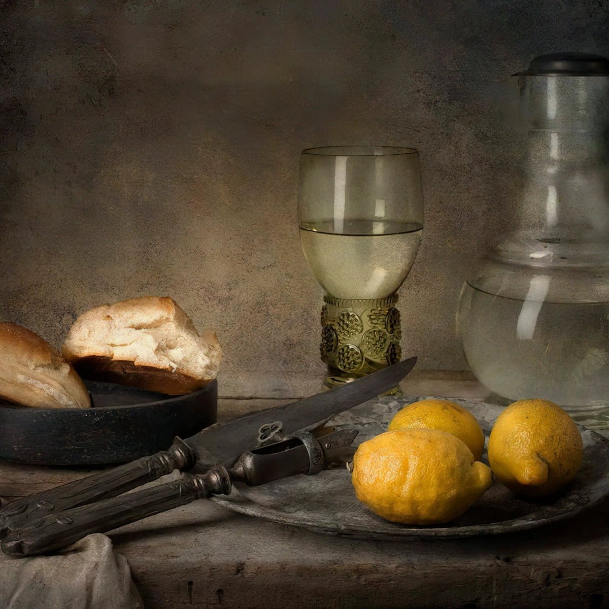 Still Life Oil Painting - Lemons, Glassware and Vintage Utensils Wall Art - Oil Painting Haven