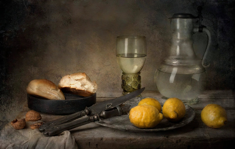 Still Life Oil Painting - Lemons, Glassware and Vintage Utensils Wall Art - Oil Painting Haven