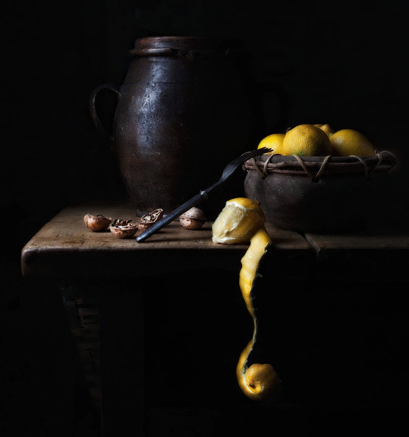 Still Life Oil Painting - Lemons, Nuts and Vintage Pottery - Oil Painting Haven