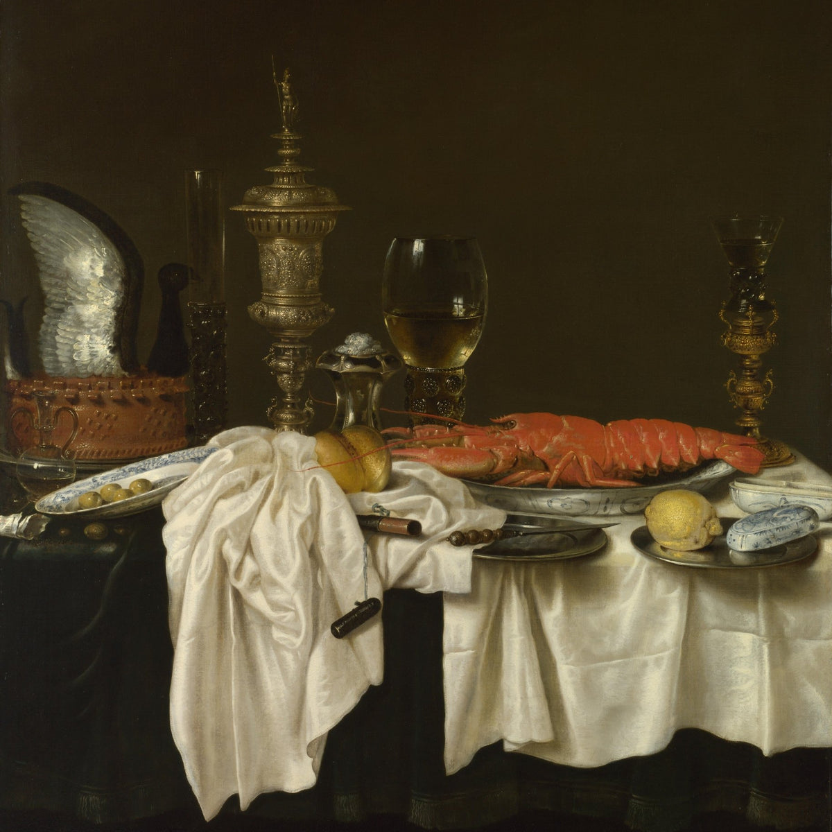 Still Life Oil Painting - Lobster and Silver Goblets - Oil Painting Haven