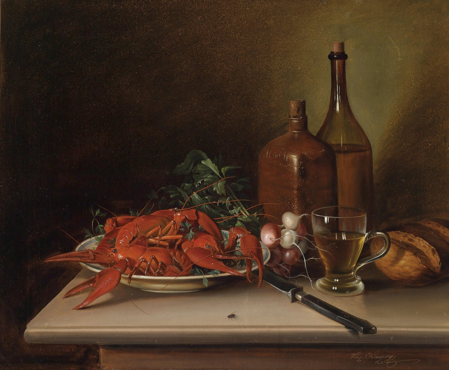 Still Life Oil Painting - Lobster and Wine - Oil Painting Haven
