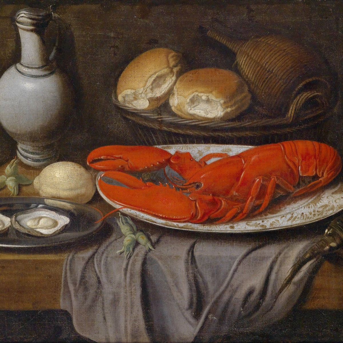 Still Life Oil Painting - Lobster, Bread and Oysters - Oil Painting Haven