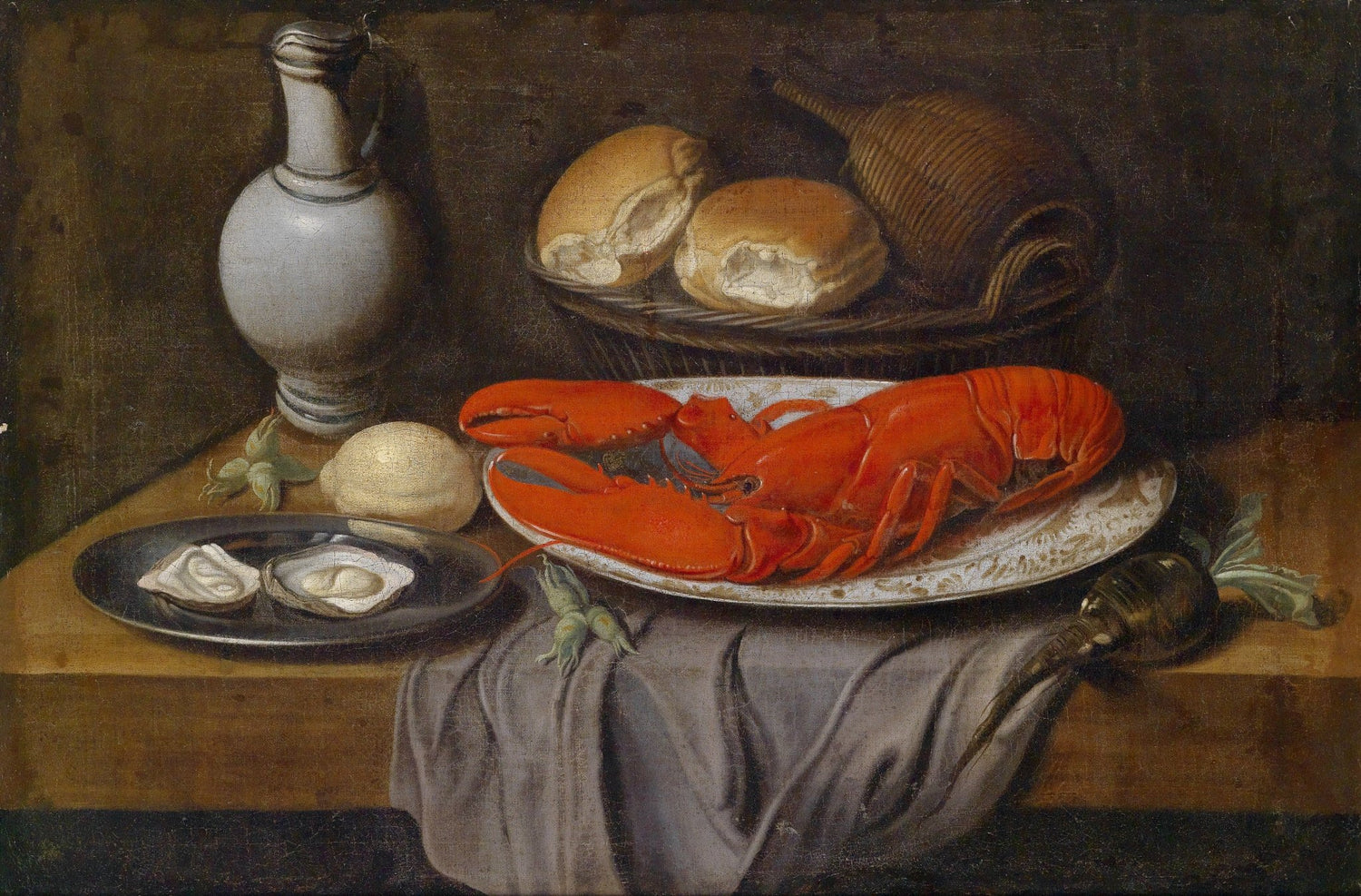 Still Life Oil Painting - Lobster, Bread and Oysters - Oil Painting Haven