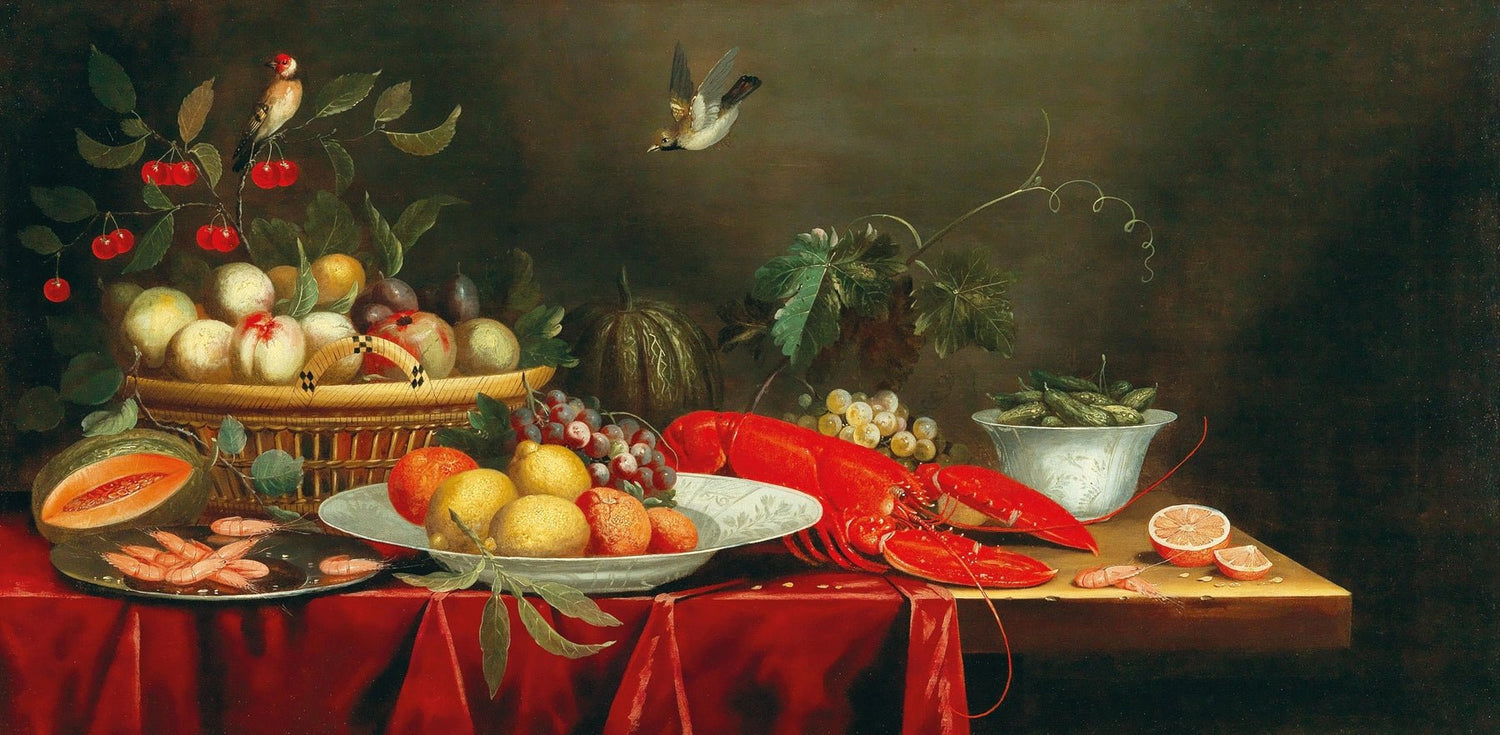Still Life Oil Painting - Lobster, Fruit and Birds - Oil Painting Haven