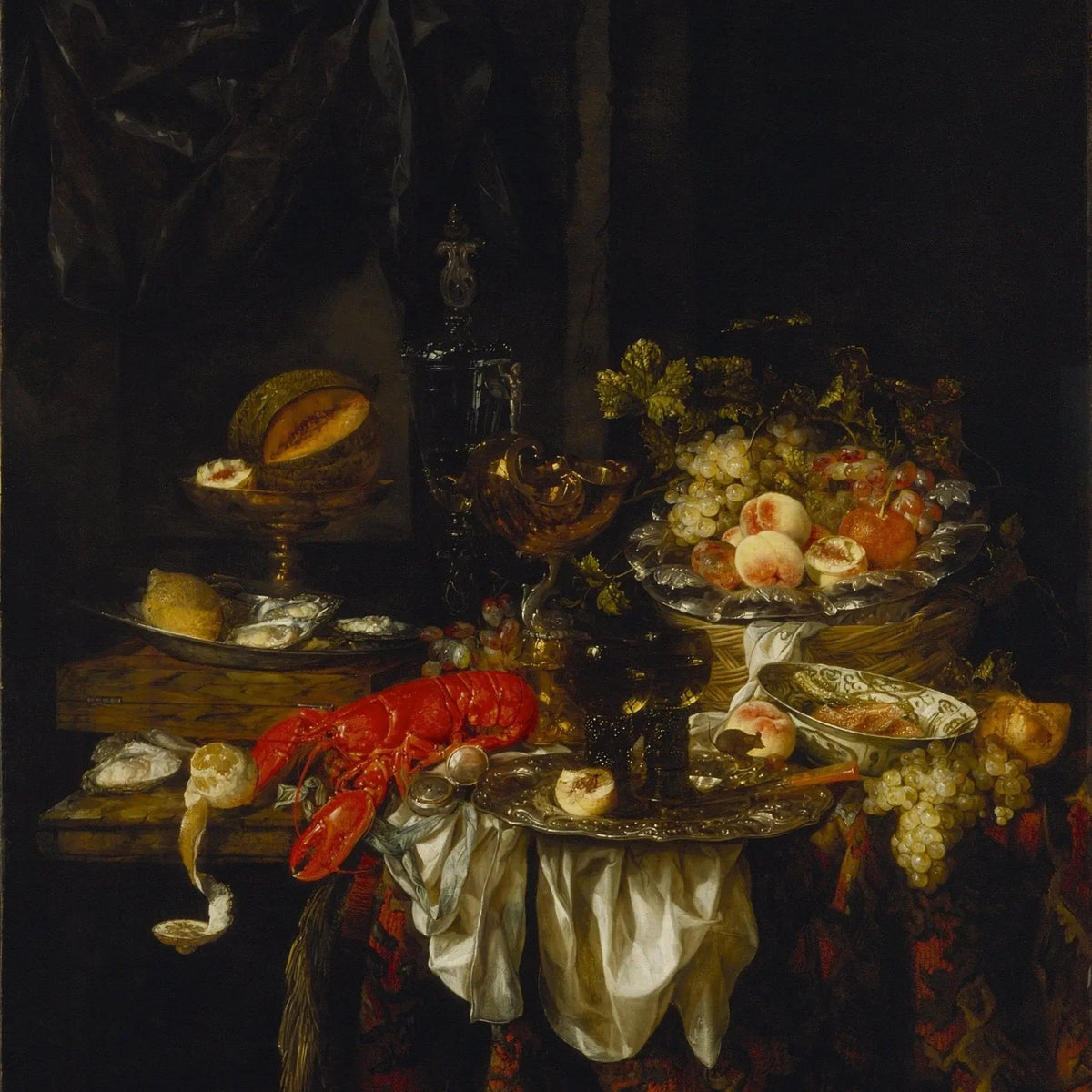 Still Life Oil Painting - Lobster, Fruits and Glassware - Oil Painting Haven