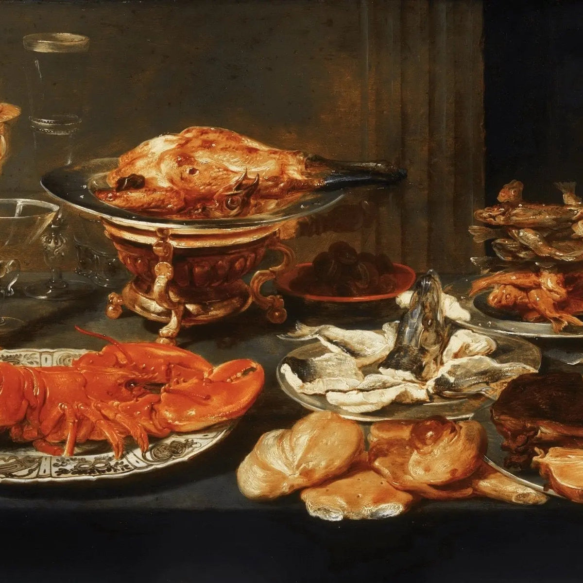 Still Life Oil Painting - Lobster, Roast and Seafood - Oil Painting Haven