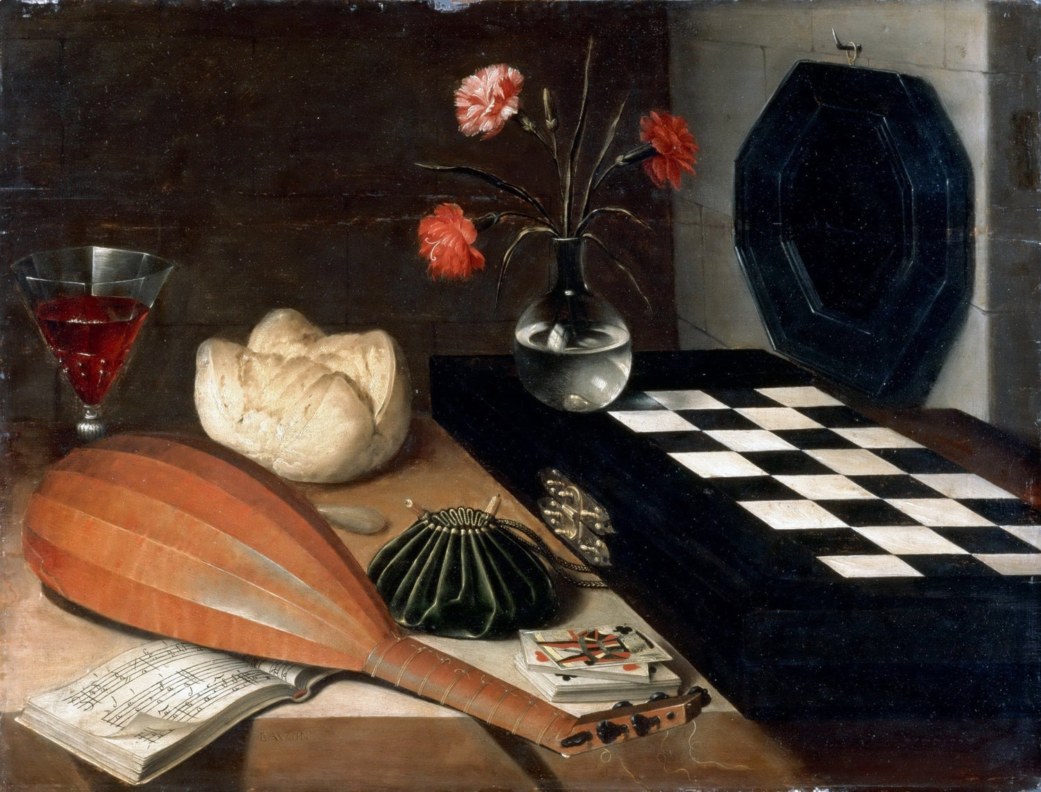 Still Life Oil Painting - Lute, Chessboard and Wine - Oil Painting Haven