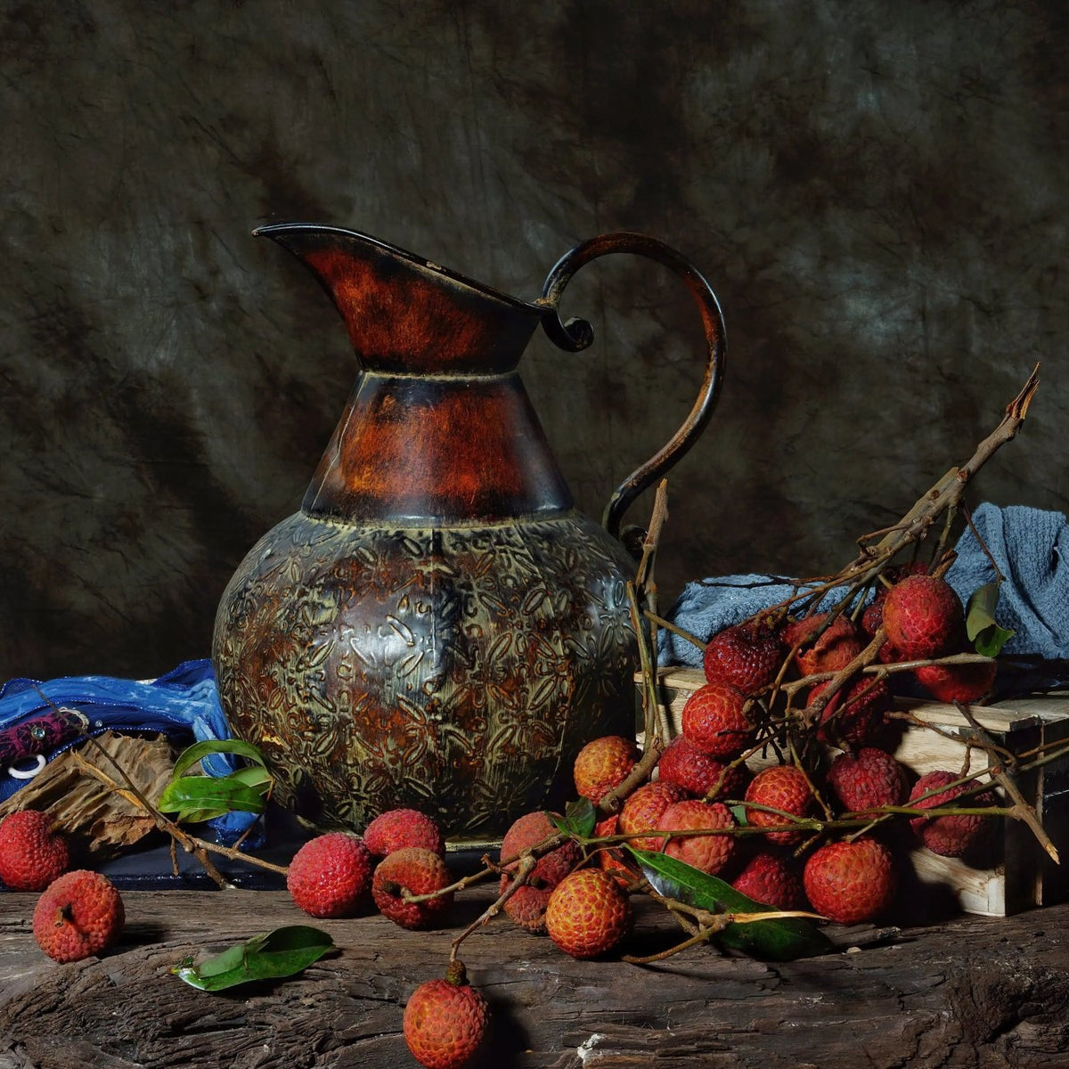 Still Life Oil Painting - Lychees, Decorative Pitcher and Textiles - Oil Painting Haven