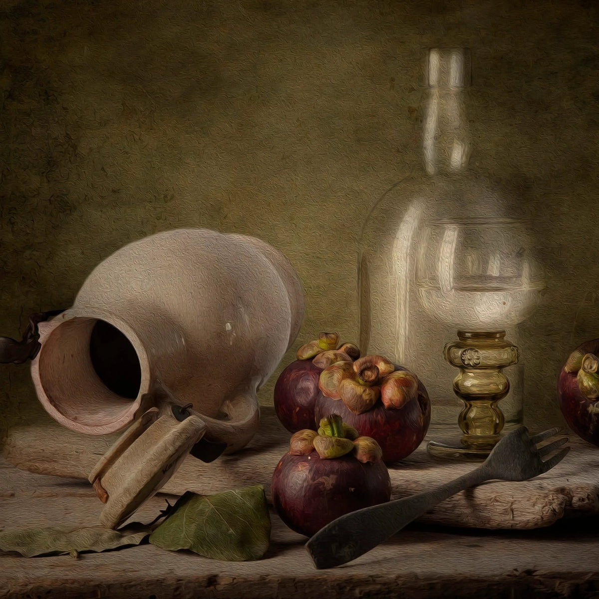 Still Life Oil Painting - Mangosteens, Pottery and Glassware - Oil Painting Haven