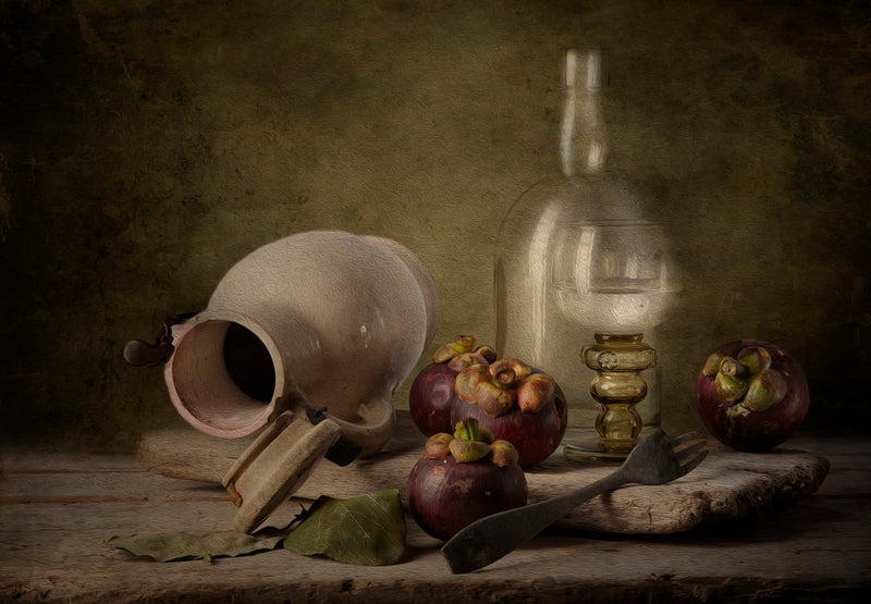 Still Life Oil Painting - Mangosteens, Pottery and Glassware - Oil Painting Haven