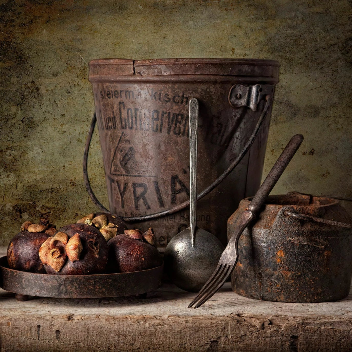 Still Life Oil Painting - Mangosteens, Rustic Metalware and Utensils - Oil Painting Haven