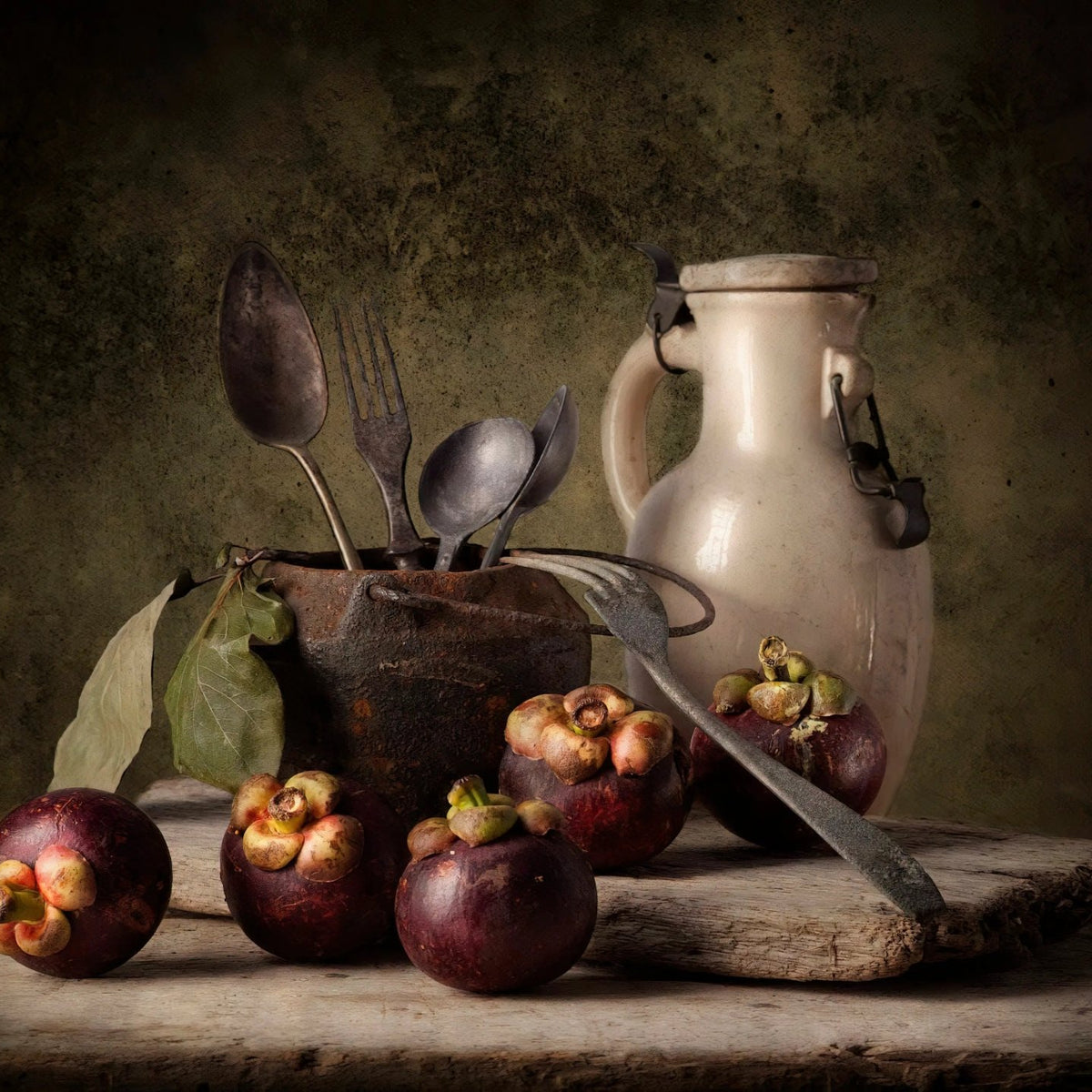 Still Life Oil Painting - Mangosteens, Vintage Utensils and Ceramic Jug - Oil Painting Haven