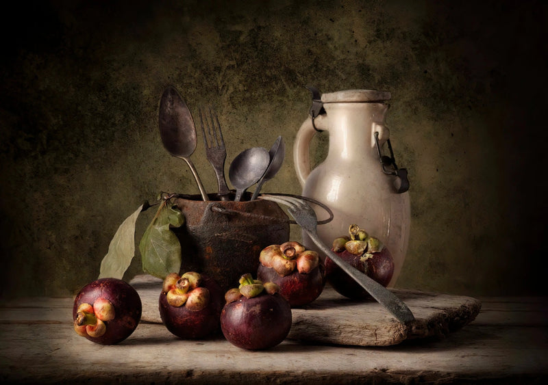 Still Life Oil Painting - Mangosteens, Vintage Utensils and Ceramic Jug - Oil Painting Haven