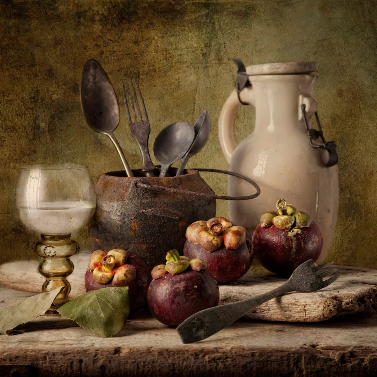 Still Life Oil Painting - Mangosteens, Vintage Utensils and Glassware - Oil Painting Haven