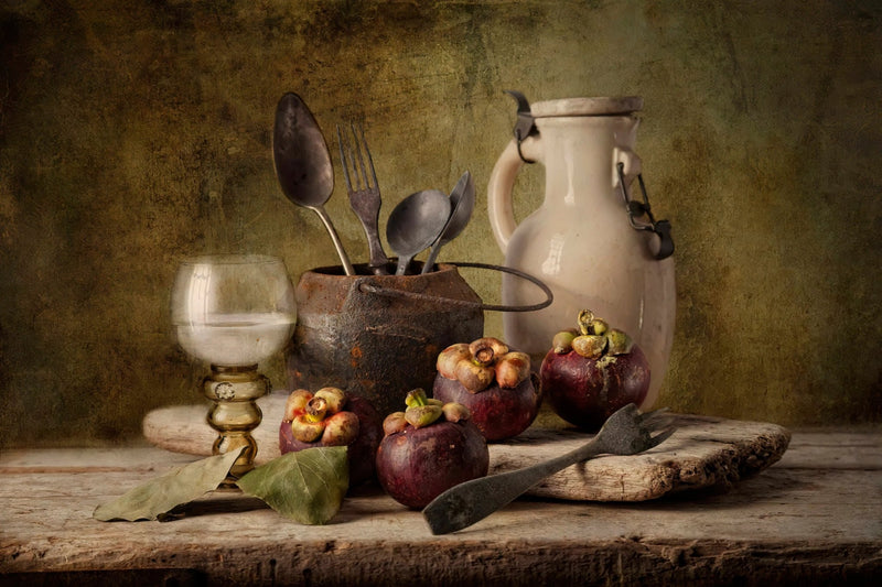 Still Life Oil Painting - Mangosteens, Vintage Utensils and Glassware - Oil Painting Haven
