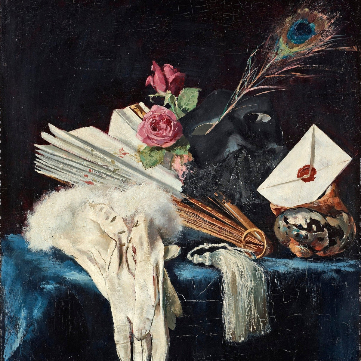 Still Life Oil Painting - Mask, Roses and Letters - Oil Painting Haven
