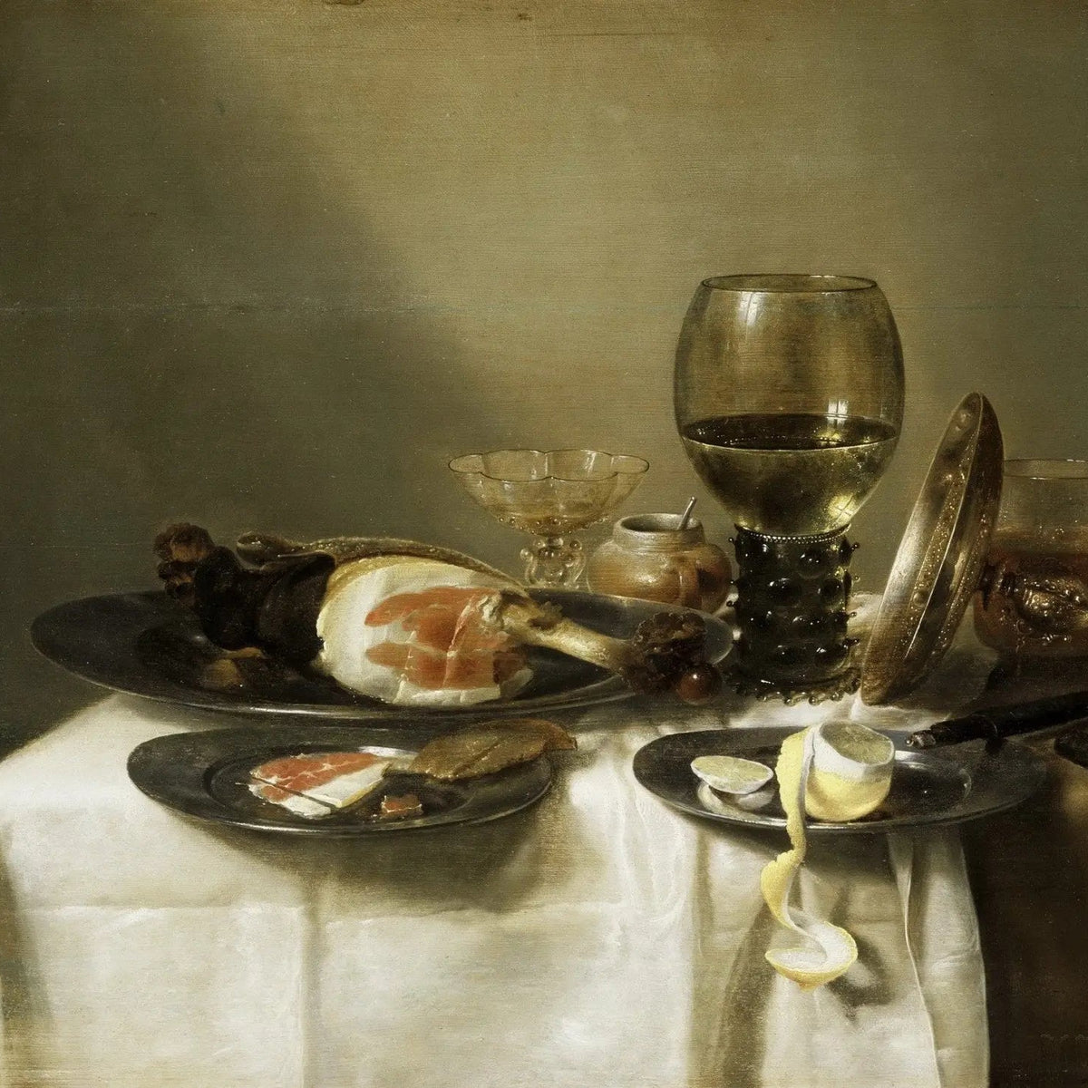 Still Life Oil Painting - Meat, Wine and Tableware - Oil Painting Haven