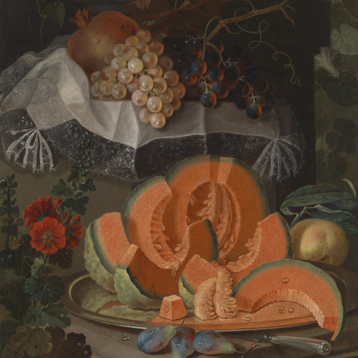 Still Life Oil Painting - Melon, Grapes and Lace - Oil Painting Haven