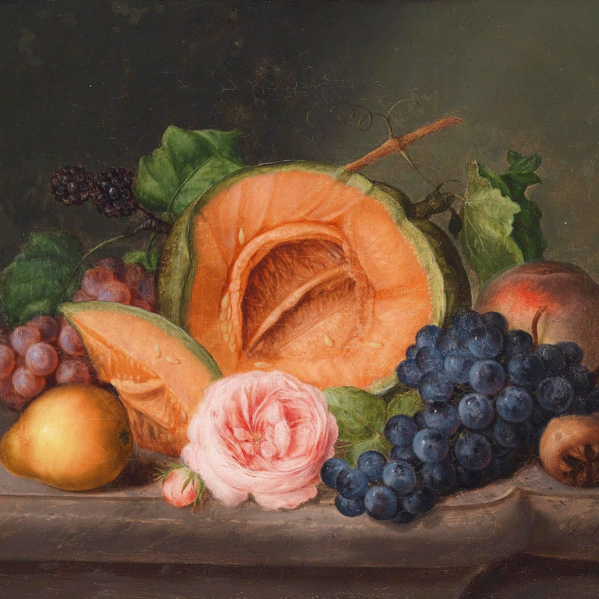 Still Life Oil Painting - Melon, Grapes and Rose - Oil Painting Haven
