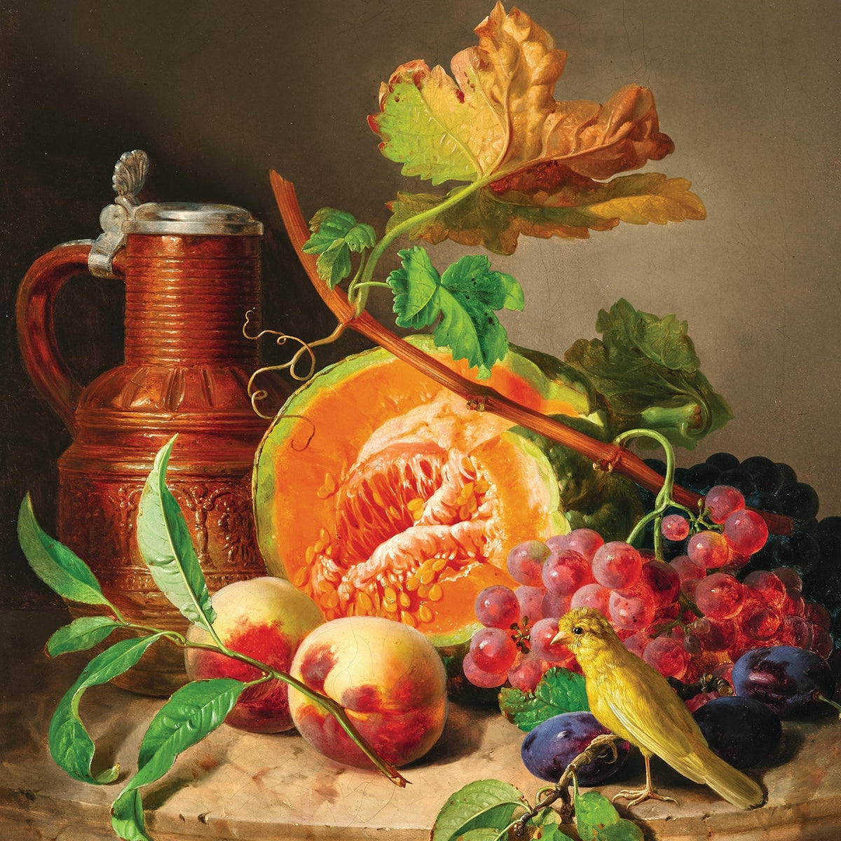 Still Life Oil Painting - Melon, Grapes and Songbird - Oil Painting Haven