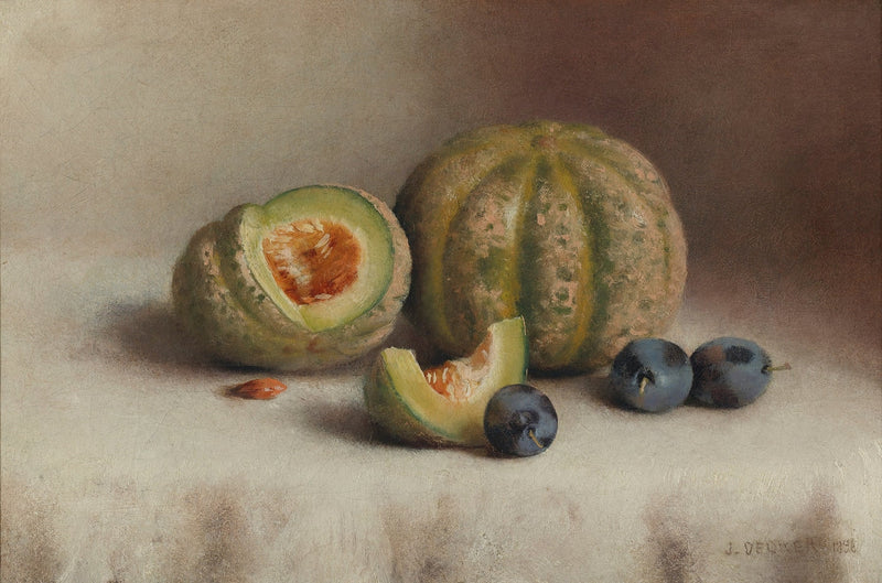 Still Life Oil Painting - Melons and Plums on White Cloth