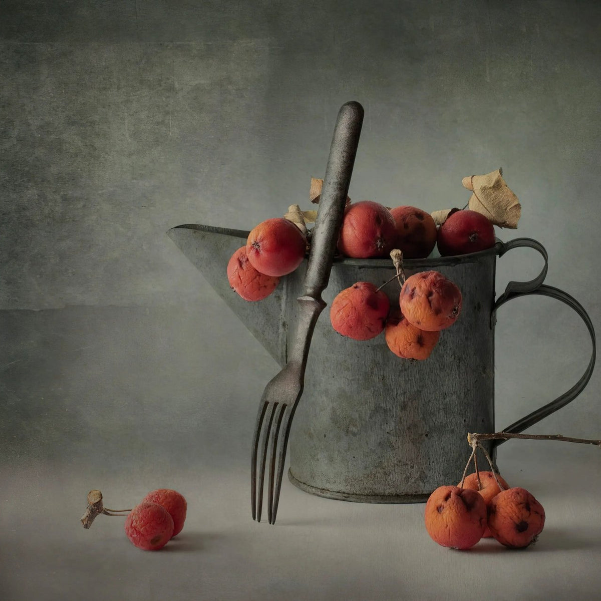 Still Life Oil Painting - Metal Jug, Fork and Red Fruits - Oil Painting Haven