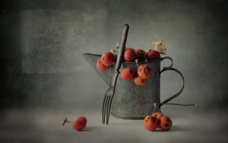 Still Life Oil Painting - Metal Jug, Fork and Red Fruits - Oil Painting Haven