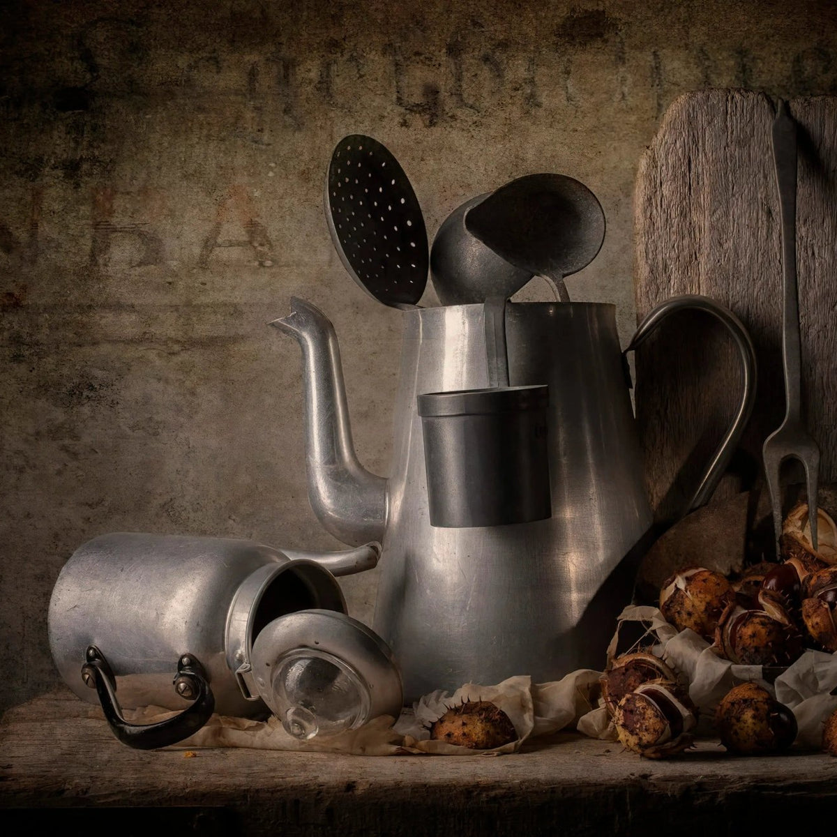 Still Life Oil Painting - Metal Vessels and Chestnuts - Oil Painting Haven